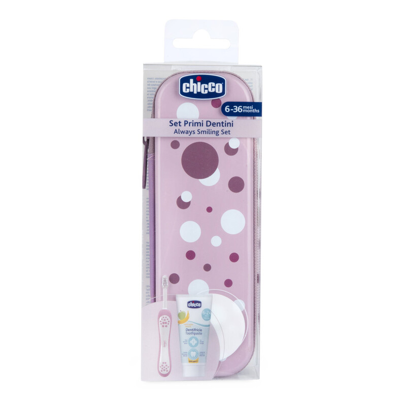 CHICCO - Fogkefe és fogkrém szett tokkal Always smiling – lilac